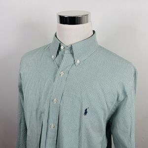 Polo Ralph Lauren 17.5 34/35 Custom Fit Dress Shirt Green White Plaid Cotton